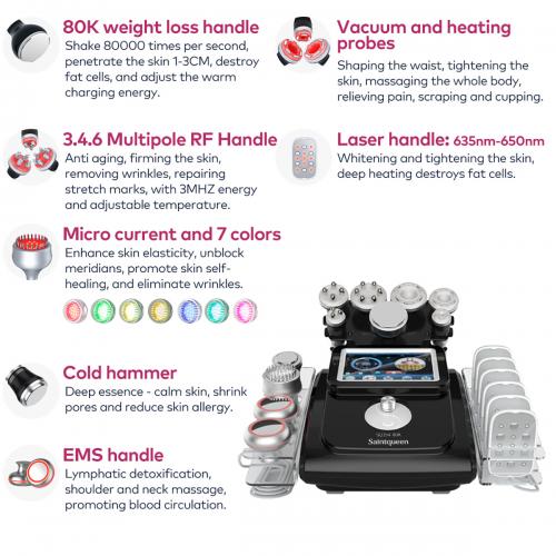 SQ154D Max, 11in1 80K Cavitation RF Vacuum Beauty Machine with Laser EMS Microcurrent Pads Professional Body & Facial Shaping Skin Lifting, US Plug
