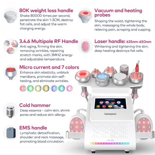 SQ85E Plus 9in1 80K Cavitation Machine, Multifunctional Body Sculpting Beauty Device with RF Heating, Ice Cool Hammer, Microcurrent Patch, Meridian Brush, EMS Laser Plate, US Plug
