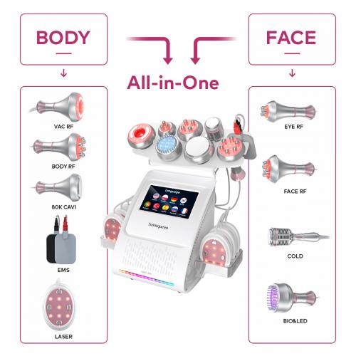 SQ85E Plus 9in1 80K Cavitation Machine, Multifunctional Body Sculpting Beauty Device with RF Heating, Ice Cool Hammer, Microcurrent Patch, Meridian Brush, EMS Laser Plate, US Plug