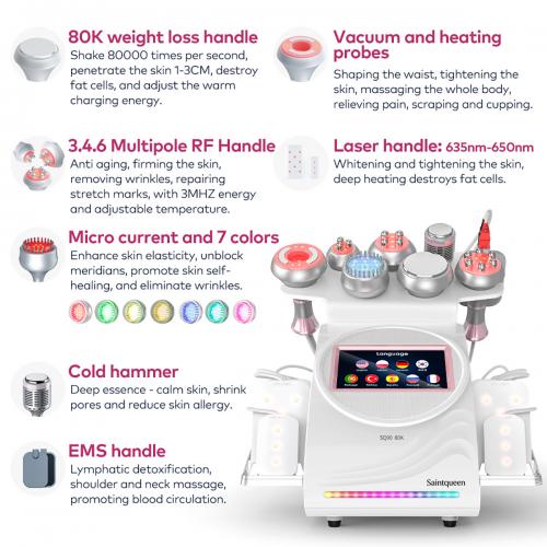 SQ90D Plus, 9in1 80K Ultrasonic Cavitation Machine | Multi-Polar RF Vacuum Lipo Laser Cold Hammer Meridian Brush Microcurrent Pad | Body Sculpting Skin Tightening Skin Smoothing, US Plug