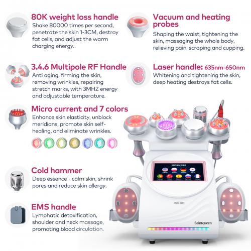 SQ90E Plus, 9in1 80K Cavitation Machine | Multipolar RF Vacuum RF EMS Microcurrent Lipo Laser Cold Hammer Meridian Brush, Body Sculpting Skin Tightening, US Plug