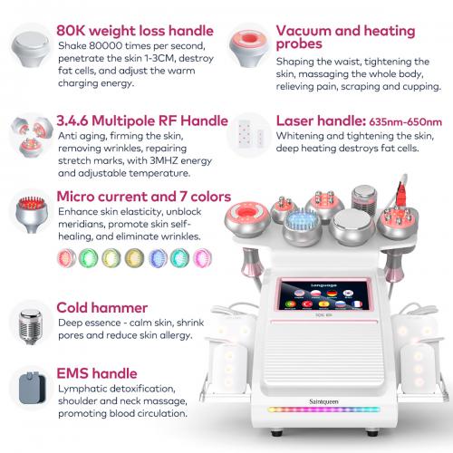 SQ92D Plus, 9in1 80K Cavitation Lipo Laser Body  Machine, Multifunctional RF Body Sculpting Device with Ice Hammer, Meridian Brush, Microcurrent Pads, US Plug