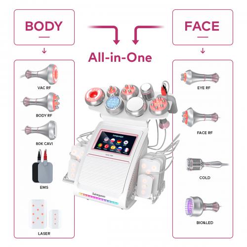SQ92D Plus, 9in1 80K Cavitation Lipo Laser Body  Machine, Multifunctional RF Body Sculpting Device with Ice Hammer, Meridian Brush, Microcurrent Pads, US Plug
