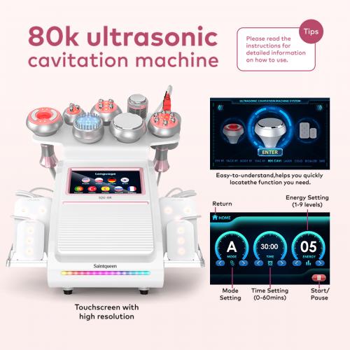 SQ92D Plus, 9in1 80K Cavitation Lipo Laser Body  Machine, Multifunctional RF Body Sculpting Device with Ice Hammer, Meridian Brush, Microcurrent Pads, US Plug