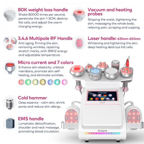 SQ92E Plus, 9in1 80K Cavitation Machine Multifunctional Body Shaping  Device RF Radio Frequency Skin Tightening Ice Cold Hammer Microcurrent Massage, US Plug
