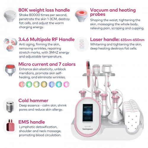 SQ121C Plus, 9in1 80K Cavitation Machine With Laser Lipo Pads Multi-Polar RF Vacuum EMS BIO LED Cold Hammer Body Sculpting Skin Tightening, US Plug