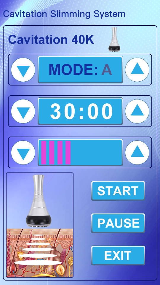 SQ16 touchscreen showing Cavitation 40K function panel with Mode A selected