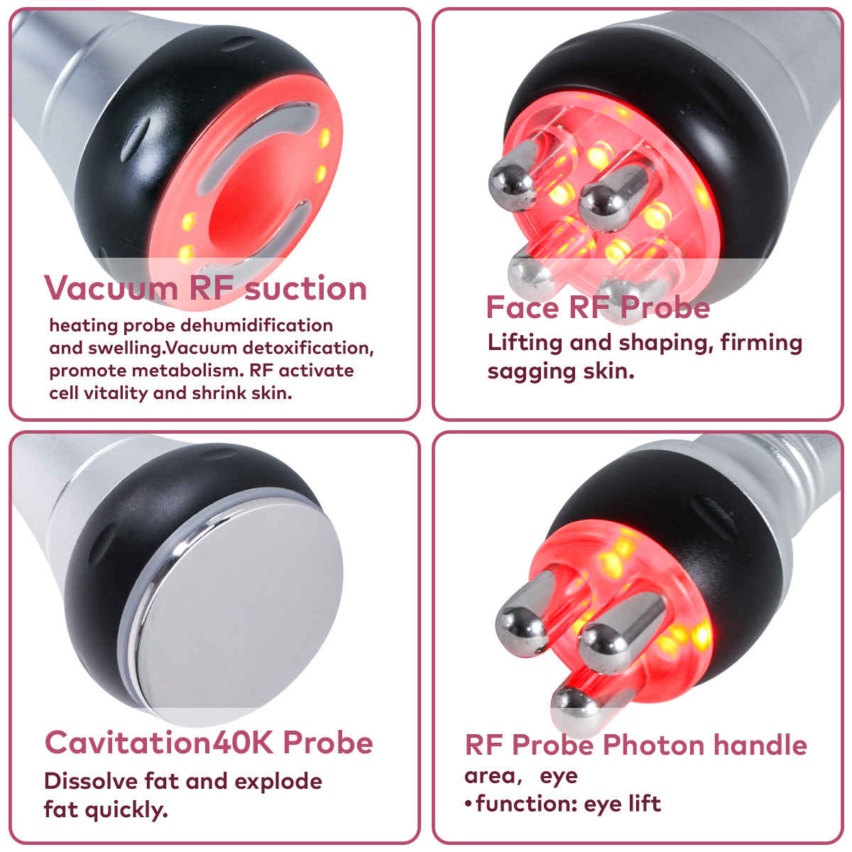The four handles of the SQ16 cavitation machine: vacuum RF, face RF, 40K cavitation and RF photon probe