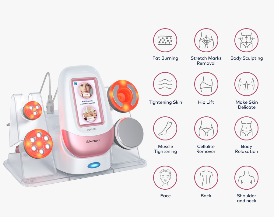 12 treatment targets: fat burning, stretch marks, body sculpting, skin tightening, hip lift, muscle tightening, cellulite, body relaxation, face, back, shoulder and neck