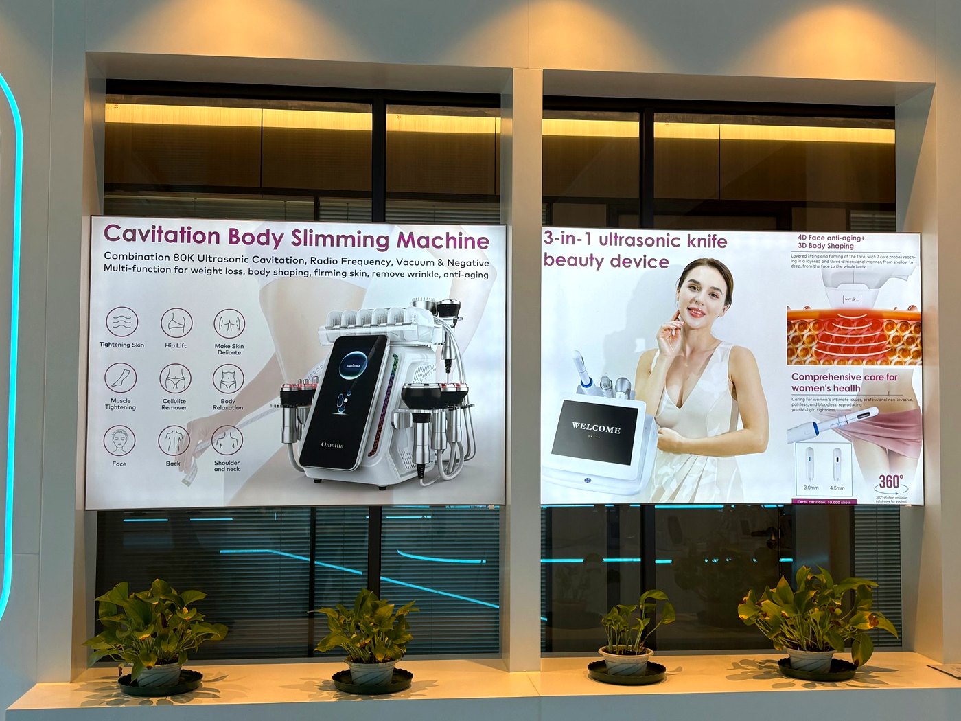 SaintQueen™ showroom — product poster wall for Cavitation Body Slimming and 3-in-1 ultrasonic knife devices